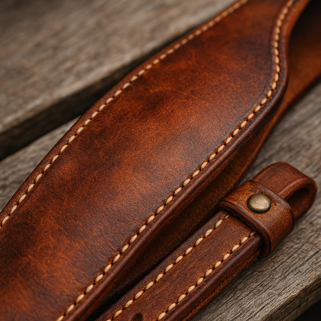 Full-grain leather rifle sling showing natural patina and aging